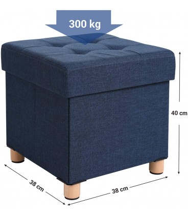 Taburet tapitat cu spatiu depozitare si picioare din lemn masiv, Pliabil, Bleumarin, 38x38x40 cm