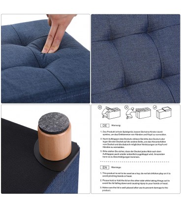 Taburet tapitat cu spatiu depozitare si picioare din lemn masiv, Pliabil, Bleumarin, 38x38x40 cm