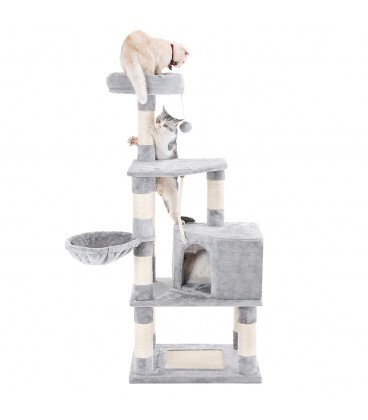 Ansamblu joaca pisici cu turn inalt, casuta si locuri sezut, Gri deschis, H 148 cm