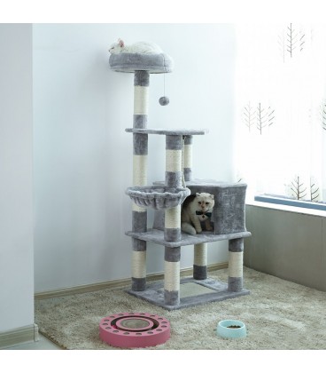 Ansamblu joaca pisici cu turn inalt, casuta si locuri sezut, Gri deschis, H 148 cm