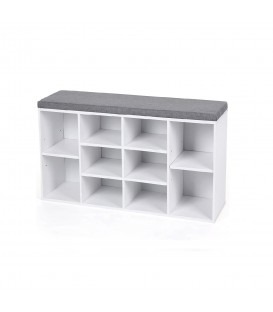 Banca sezut si raft pantofi cu 10 compartimente pentru zona de intrare/hol/dormitor, Alb-Gri