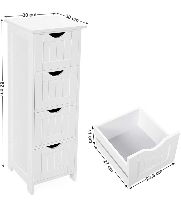 Dulap baie ingust cu 4 sertare pentru living/dormitor/hol, Adanc si spatios, Alb, 30 x 30 x 82 cm