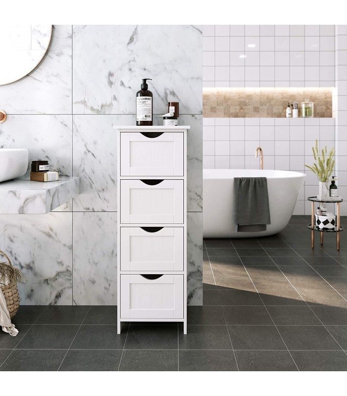 Dulap baie ingust cu 4 sertare pentru living/dormitor/hol, Adanc si spatios, Alb, 30 x 30 x 82 cm