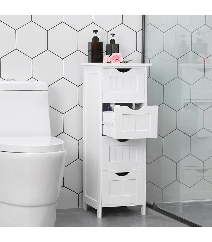 Dulap baie ingust cu 4 sertare pentru living/dormitor/hol, Adanc si spatios, Alb, 30 x 30 x 82 cm