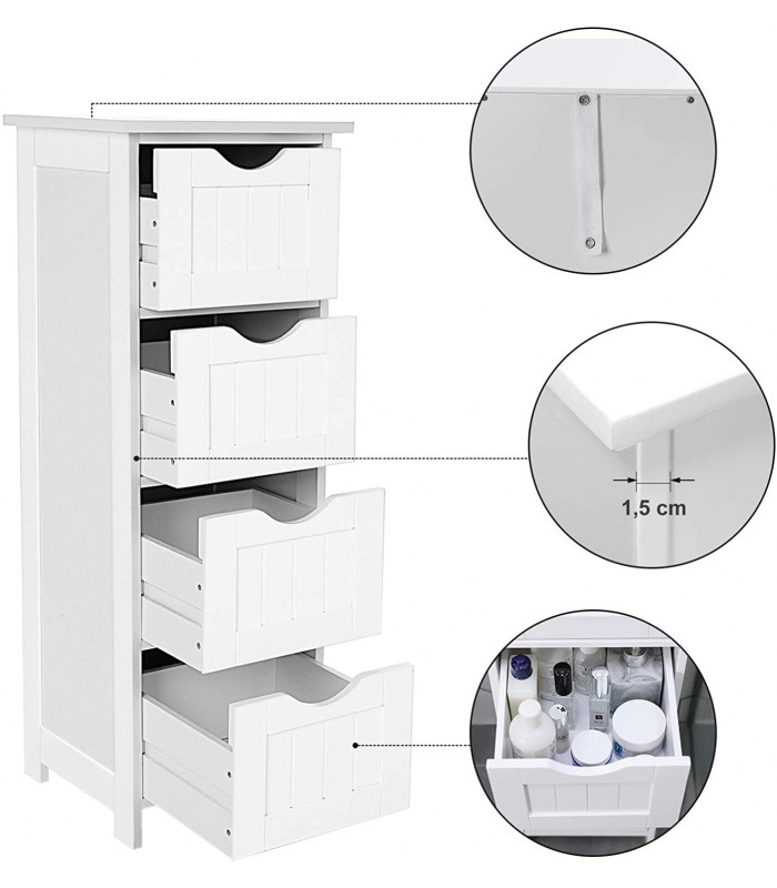 Dulap baie ingust cu 4 sertare pentru living/dormitor/hol, Adanc si spatios, Alb, 30 x 30 x 82 cm