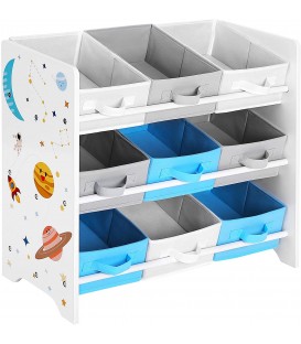 Raft depozitare pentru copii pentru jucarii si carti, 9 cutii din fleece cu manere, Alb-Multicolor