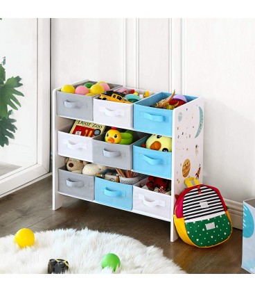 Raft depozitare pentru copii pentru jucarii si carti, 9 cutii din fleece cu manere, Alb-Multicolor