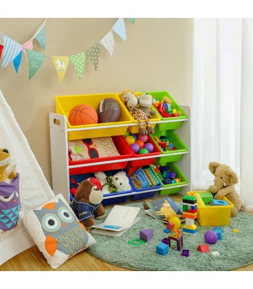 Raft depozitare jucarii XL cu 3 cutii mari si 6 cutii mici, Multicolor, L 86 cm