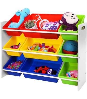 Raft depozitare jucarii XL cu 3 cutii mari si 6 cutii mici, Multicolor, L 86 cm