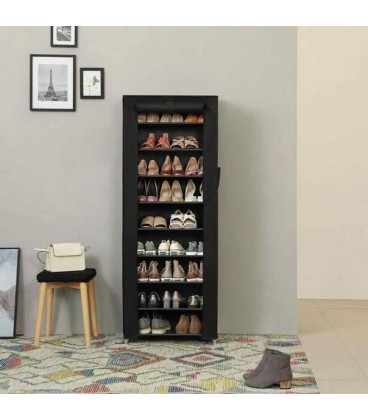 Dulap pantofi cu 10 rafturi, 27 perechi pantofi, Stofa, Negru