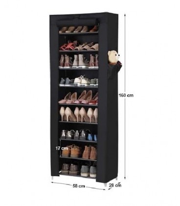 Dulap pantofi cu 10 rafturi, 27 perechi pantofi, Stofa, Negru